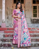 Blush Pink Tussar Silk Saree with Elegant Peacock and Floral Kalamkari Design  women's fashion mart
