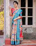 Beige and Red Tussar Silk Saree with Divine Motifs and Floral Zari Border  women's fashion mart