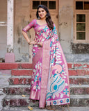 Blush Pink Tussar Silk Saree with Elegant Peacock and Floral Kalamkari Design  women's fashion mart