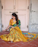 Golden Yellow Tussar Silk Saree with Vibrant Peacock Kalamkari Motifs  women's fashion mart