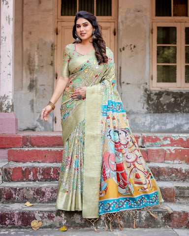 Pastel Green Tussar Silk Saree with Mythological Kalamkari Pallu and Zari Border  women's fashion mart