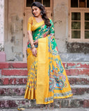 Golden Yellow Tussar Silk Saree with Vibrant Peacock Kalamkari Motifs  women's fashion mart