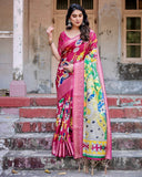 Magenta Tussar Silk Saree with Artistic Peacock & Floral Kalamkari Design  women's fashion mart