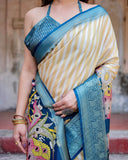 Beige & Teal Tussar Silk Saree with Intricate Kalamkari and Zari Border  women's fashion mart