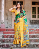 Golden Yellow Tussar Silk Saree with Vibrant Peacock Kalamkari Motifs  women's fashion mart