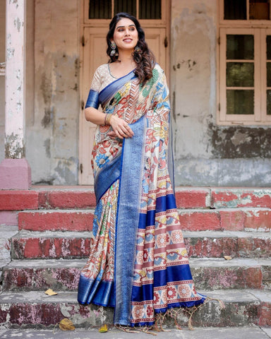 Multicolor Tussar Silk Saree with Artistic Floral Motifs and Traditional Blue Zari Border  women's fashion mart