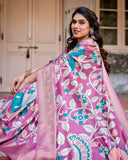 Blush Pink Tussar Silk Saree with Elegant Peacock and Floral Kalamkari Design  women's fashion mart