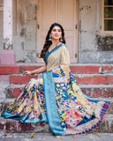 Beige & Teal Tussar Silk Saree with Intricate Kalamkari and Zari Border  women's fashion mart