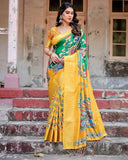 Golden Yellow Tussar Silk Saree with Vibrant Peacock Kalamkari Motifs  women's fashion mart