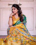 Golden Yellow Tussar Silk Saree with Vibrant Peacock Kalamkari Motifs  women's fashion mart