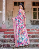 Blush Pink Tussar Silk Saree with Elegant Peacock and Floral Kalamkari Design  women's fashion mart