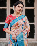 Beige and Red Tussar Silk Saree with Divine Motifs and Floral Zari Border  women's fashion mart