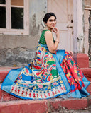 Beige and Red Tussar Silk Saree with Divine Motifs and Floral Zari Border  women's fashion mart
