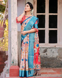 Beige and Red Tussar Silk Saree with Divine Motifs and Floral Zari Border  women's fashion mart