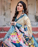 Beige & Teal Tussar Silk Saree with Intricate Kalamkari and Zari Border  women's fashion mart