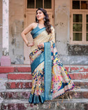 Beige & Teal Tussar Silk Saree with Intricate Kalamkari and Zari Border  women's fashion mart