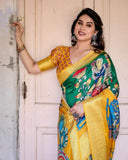 Golden Yellow Tussar Silk Saree with Vibrant Peacock Kalamkari Motifs  women's fashion mart