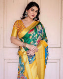 Golden Yellow Tussar Silk Saree with Vibrant Peacock Kalamkari Motifs  women's fashion mart