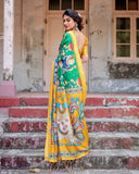 Golden Yellow Tussar Silk Saree with Vibrant Peacock Kalamkari Motifs  women's fashion mart