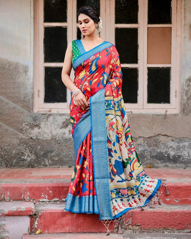 Multicolor Tussar Silk Saree with Vibrant Peacock and Floral Motifs  women's fashion mart