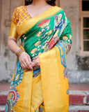 Golden Yellow Tussar Silk Saree with Vibrant Peacock Kalamkari Motifs  women's fashion mart