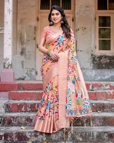 Peach Tussar Silk Saree with Vibrant Floral Kalamkari and Zari Highlights  women's fashion mart