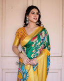 Golden Yellow Tussar Silk Saree with Vibrant Peacock Kalamkari Motifs  women's fashion mart