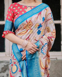 Beige and Red Tussar Silk Saree with Divine Motifs and Floral Zari Border  women's fashion mart