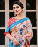Beige and Red Tussar Silk Saree with Divine Motifs and Floral Zari Border  women's fashion mart