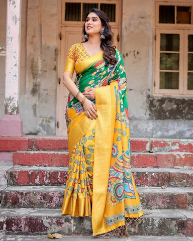 Golden Yellow Tussar Silk Saree with Vibrant Peacock Kalamkari Motifs  women's fashion mart