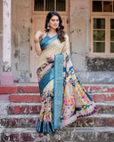 Beige & Teal Tussar Silk Saree with Intricate Kalamkari and Zari Border  women's fashion mart