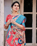 Beige and Red Tussar Silk Saree with Divine Motifs and Floral Zari Border  women's fashion mart