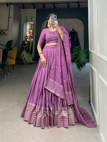 Purple Color Plain With Zari Weaving Work Border Chanderi Traditional Wear Lehenga Choli - women's fashion mart
