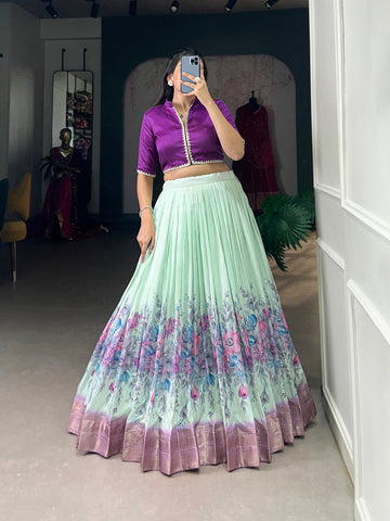Purple Color Floral Print With Zari Border Cotton Silk Co-ord Set Lehenga Choli - women's fashion mart