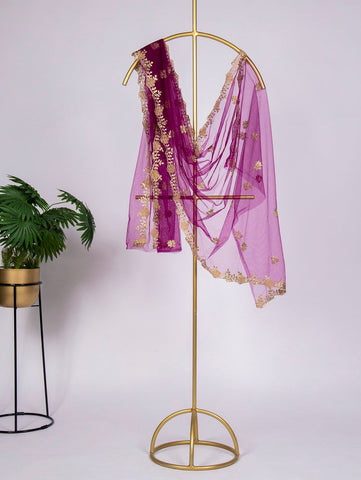 Purple Color Embroidery Cut Work and Stone Work Net Dupatta - women's fashion mart
