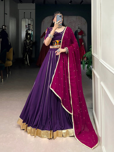 Purple Color Embossed Design With Gotta Patti Lace Touch Up Rayon Chaniya Choli - women's fashion mart