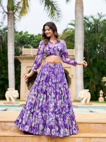 Purple Color Floral Printed Georgette Chex Co-ord Set Lehenga Choli - women's fashion mart