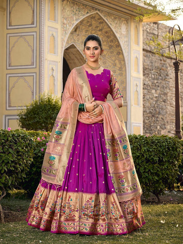 Purple Color Jacquard Silk (Paithani) Weaving Zari Work Wear Lehenga Choli -wedding dresses for women Unstitched / Semi-Stitched women's fashion mart