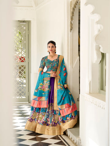Purple Color Kalamkari Print With Weaving Border Dola Silk Lehenga Choli - women's fashion mart