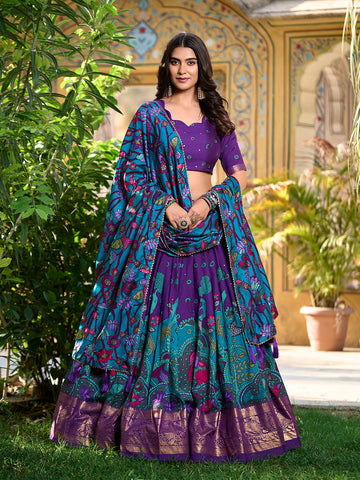 Purple Color Kalamkari Print With Foil Work Tussar Silk Lehenga Choli  women's fashion mart