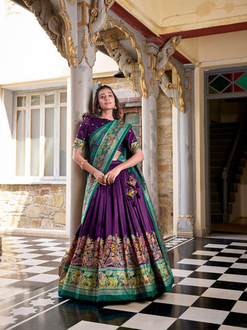 Purple Color Printed Foil Work Tussar Silk Lehenga Choli - women's fashion mart