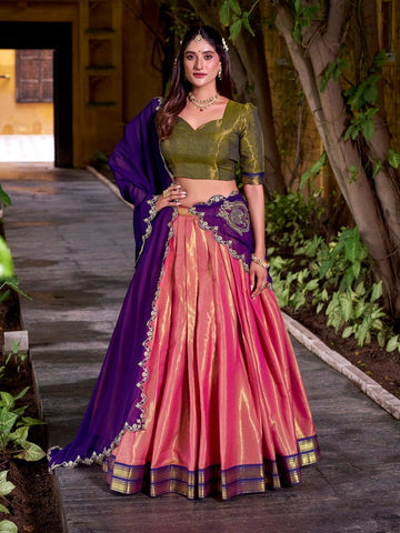 Purple Color Sequince And Thread Embroidery Work Kanchipuram Lehenga Choli - women's fashion mart