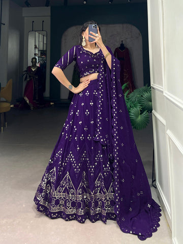 Purple Color Sequins And Thread Embroidery Work Georgette Lehenga Choli - women's fashion mart
