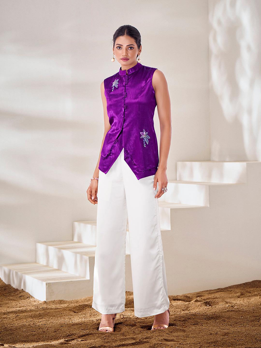 Purple color silk ready-to-wear top with handwork - women's fashion mart