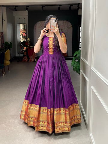 Wine Color Zari Weaving Work Narayan Pet (Cotton) Dress - women's fashion mart