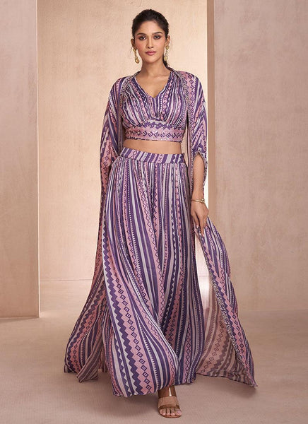Purple Printed Sequins Embroidered Cape Style Top Palazzo Suit - women's fashion mart