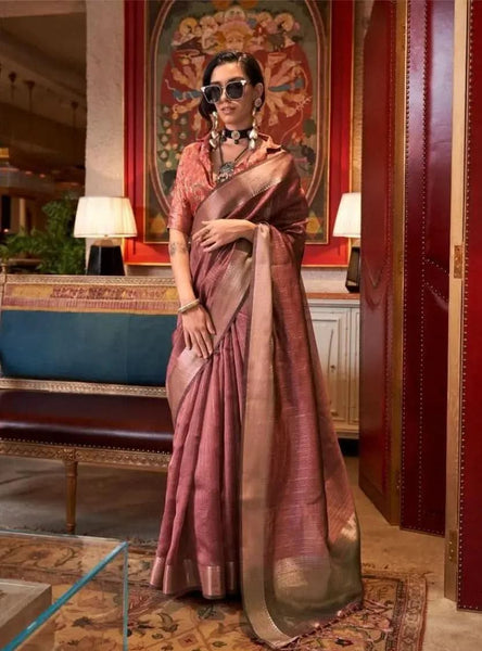 Dazzling Chiffon Hand Weaved Dusty Brown Classic Saree - women's fashion mart