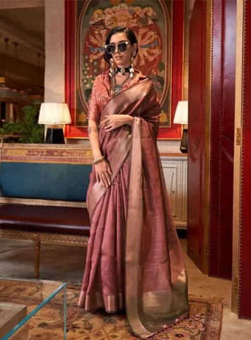 Dazzling Chiffon Hand Weaved Dusty Brown Classic Saree - women's fashion mart
