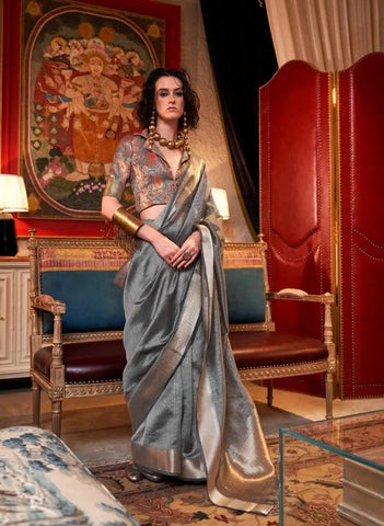 Graceful Chiffon Hand Weaved Grey Classic Saree - women's fashion mart