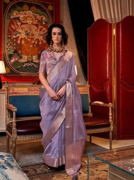 Luminous Chiffon Hand Weaved Lavender Classic Saree - women's fashion mart